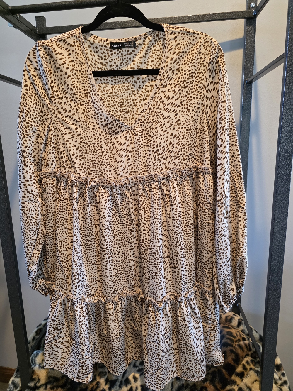SHEIN Beige & Brown Leopard Print Tiered Dress